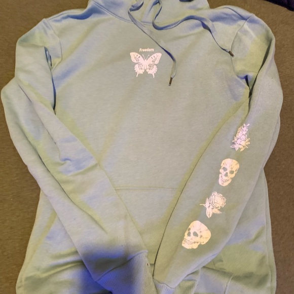 Teal hoodie with print on front and sleeve - Picture 1 of 4